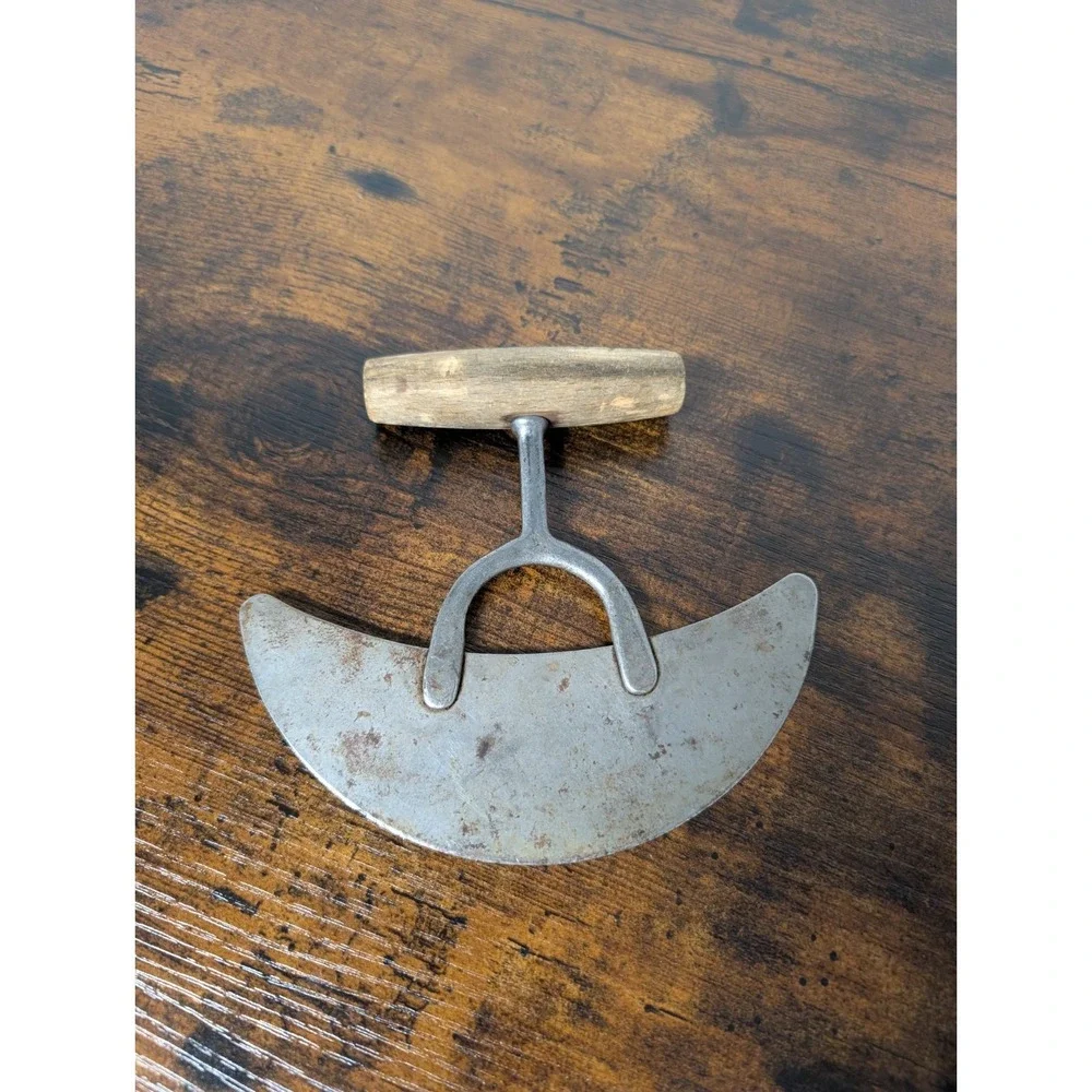 Vintage Ulu Mezzaluna Herb Chopper Crescent Rocking Knife Wood Handle